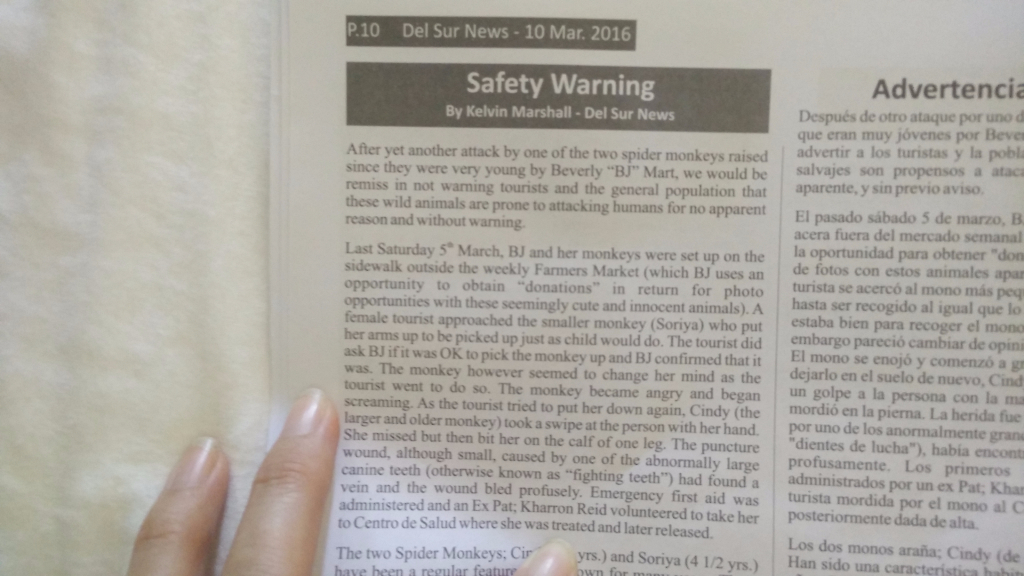 My husband made the local paper, Del Sur News! This is no joke, don't pet monkeys!
